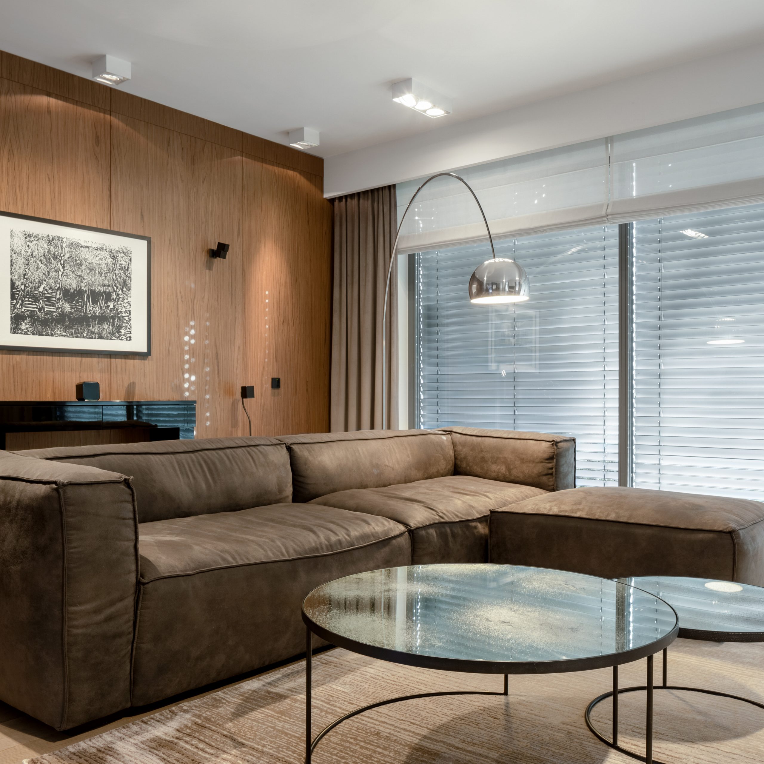 Stylish living room with lights on